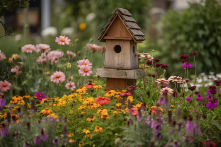 birdhouse with feeder surrounded by blooming flowers, created with generative aiの素材