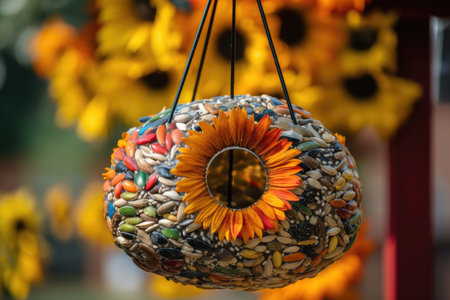 birdfeeder filled with colorful sunflower seeds, created with generative aiの素材