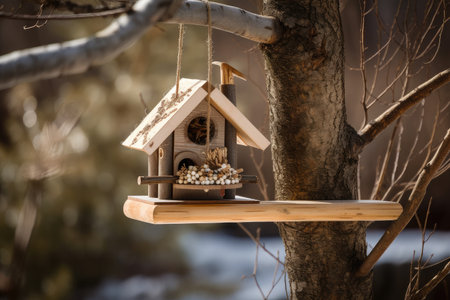 woodsy setting with birdhouse and feeder on tree branch, created with generative aiの素材