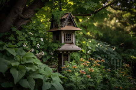 birdhouse surrounded by lush foliage, with feeders hanging below, created with generative aiの素材