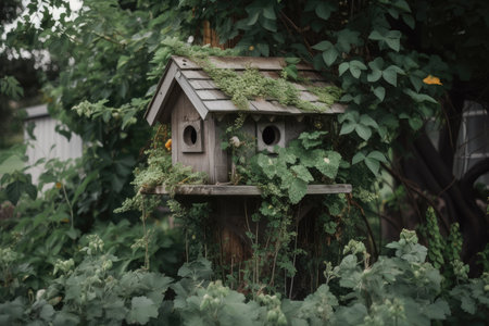 birdhouse surrounded by lush foliage, with feeders hanging below, created with generative aiの素材