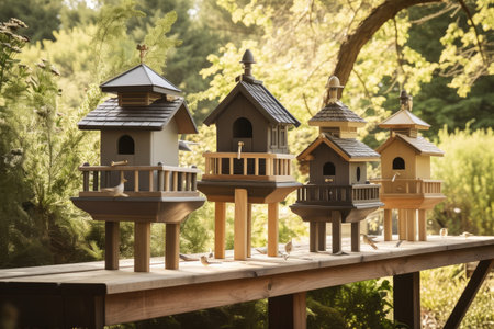 three birdhouses and three feeders, each on its own post, on a wooden deck, created with generative aiの素材