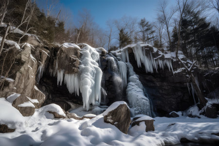 frozen waterfall, with ice and snow cascading over the edge, created with generative aiの素材