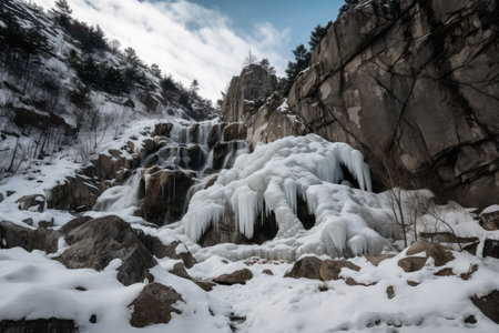 frozen waterfall, with snow and ice cascading down the rocks, created with generative aiの素材