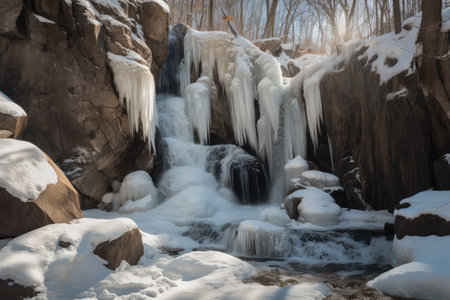 frozen waterfall, with snow and ice cascading down the rocks, created with generative aiの素材