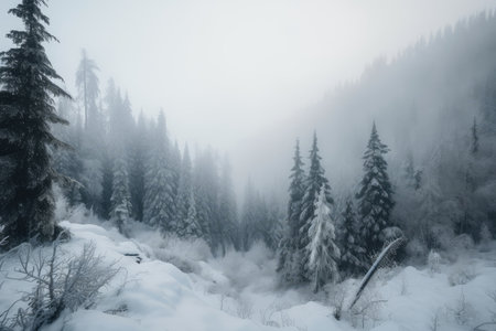 snow-covered forest with heavy blizzard in the distance, created with generative aiの素材