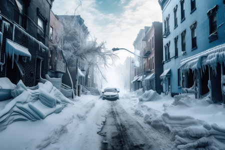 a deserted city after a storm, with streets covered in snow and ice, created with generative aiの素材