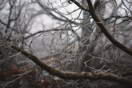 ice storm leaves intricate web of branches and twigs against gray skies, created with generative aiの素材