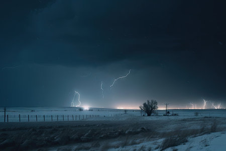 stormy blizzard with lightning and thunder in the distance, created with generative aiの素材