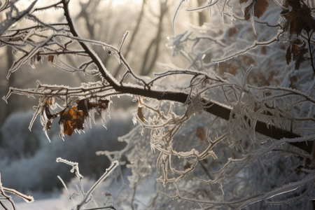 ice storm, with frozen branches and twigs covered in snow, created with generative aiの素材
