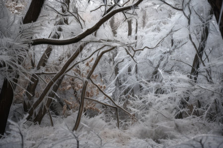 ice storm, with frozen branches and twigs covered in snow, created with generative aiの素材