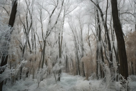 ice storm over tall trees with snow and ice on their leaves, created with generative aiの素材