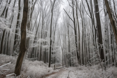 ice storm over tall trees with snow and ice on their leaves, created with generative aiの素材