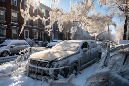 ice-covered street and car with broken windshield after blizzard, created with generative aiの素材