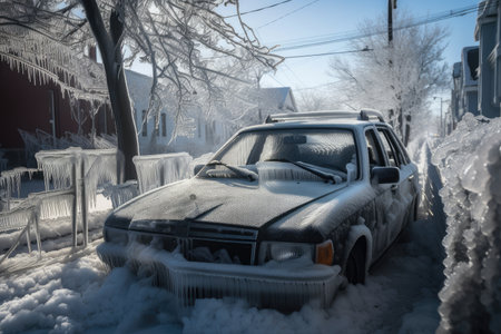 ice-covered street and car with broken windshield after blizzard, created with generative aiの素材