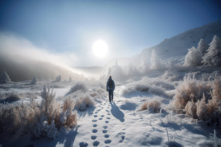 person, hiking through snowy landscape and enjoying the frosty view, created with generative aiの素材