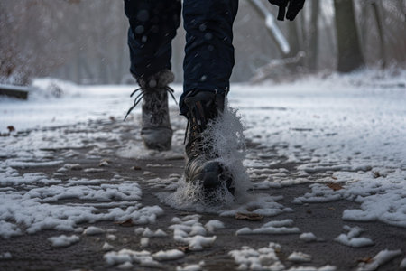 person, walking through blizzard, with ice and snow crunching underfoot, created with generative aiの素材