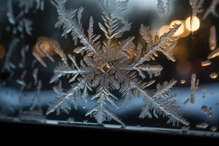 snowflake on ice storm-covered window, created with generative aiの素材