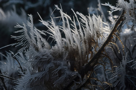 close-up of ice storm, with intricate patterns and shapes created by the freezing rain, created with generative aiの素材