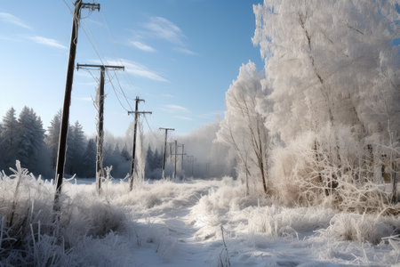 frozen landscape, with icicles hanging from trees and power lines, created with generative aiの素材
