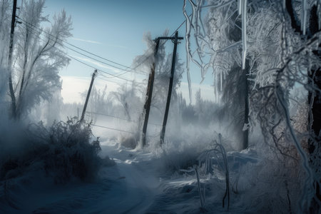 frozen landscape, with icicles hanging from trees and power lines, created with generative aiの素材