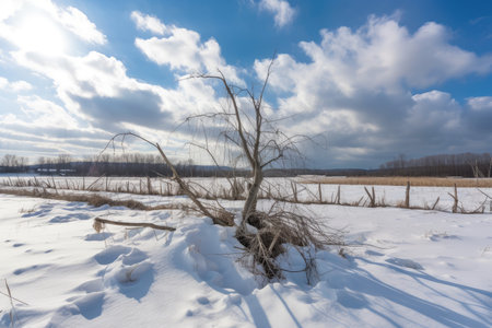 snow-covered field with broken tree branches and clouds in the sky, created with generative aiの素材