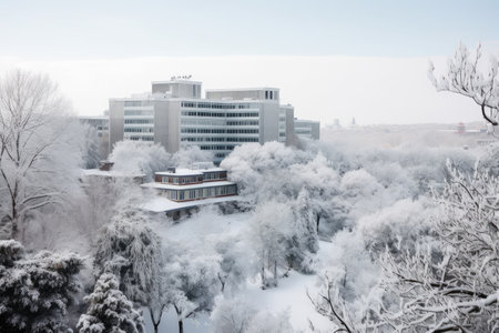winter wonderland, with trees and buildings covered in snow and ice, created with generative aiの素材