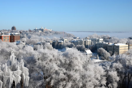 winter wonderland, with trees and buildings covered in snow and ice, created with generative aiの素材