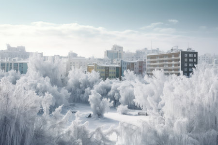 winter wonderland, with trees and buildings covered in snow and ice, created with generative aiの素材