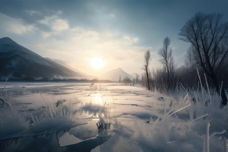 frozen landscape, with view of serene mountain range in the background, created with generative aiの素材