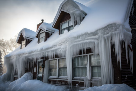 pile of snow, with icicles hanging from the roof and windows, created with generative aiの素材