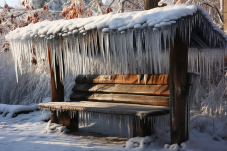 park bench, covered in a layer of snow with icicles hanging from the roof, created with generative aiの素材
