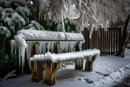 park bench, covered in a layer of snow with icicles hanging from the roof, created with generative aiの素材