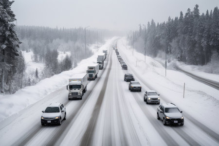 snow-covered road with cars and trucks traveling in both directions, created with generative aiの素材
