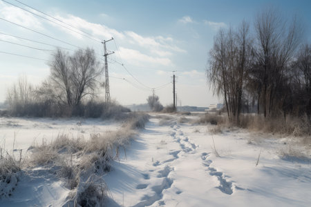 snow-covered field, with trees and power lines visible in the distance, created with generative aiの素材