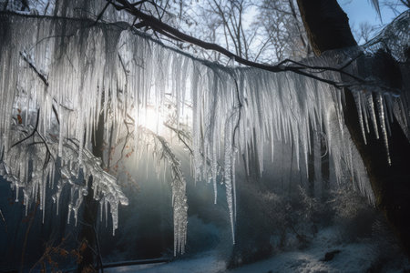 a frosty winter morning, with snow swirling in the wind and icicles hanging from trees, created with generative aiの素材