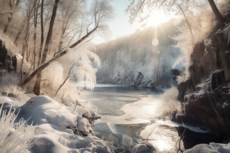 snow-covered landscape with frozen river and icicles hanging from trees, created with generative ai