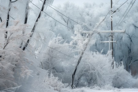 ice storm, with trees and power lines coated in thick layer of ice, created with generative aiの素材