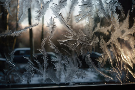 close-up of ice crystal forming on window pane, created with generative aiの素材