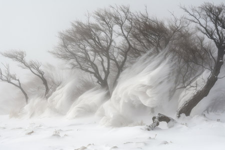 wind-swept blizzard, with snow flying in all directions, created with generative aiの素材