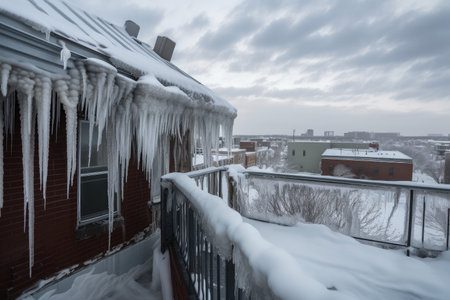 rooftop view of stormy sky and blizzard, with icicles hanging from the roof, created with generative aiの素材