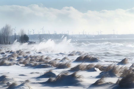 blustery winter day with snowflakes and gusts of wind, created with generative aiの素材