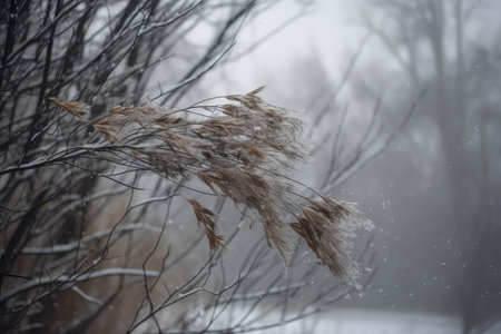 blustery winter day with snowflakes and gusts of wind, created with generative aiの素材