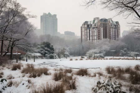 winter wonderland, with snow and ice covering the ground, trees, and buildings, created with generative aiの素材