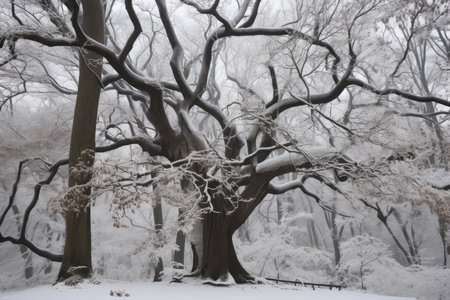 snow-covered tree, with its branches and leaves visible, created with generative aiの素材