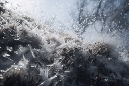 close-up of a blizzard, with snowflakes and ice crystals visible, created with generative aiの素材