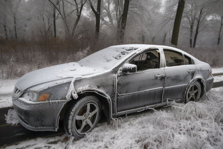 ice storm causes dozens of car accidents on icy roads, created with generative aiの素材