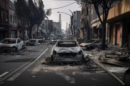 wrecked cars and debris strewn across a deserted city street, the remains of a devastating fire, created with generative aiの素材