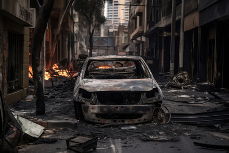 burned-out car surrounded by debris on a deserted city street, created with generative aiの素材