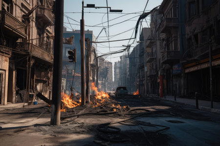 burned city street with traffic light hanging from wires, surrounded by charred buildings, created with generative aiの素材